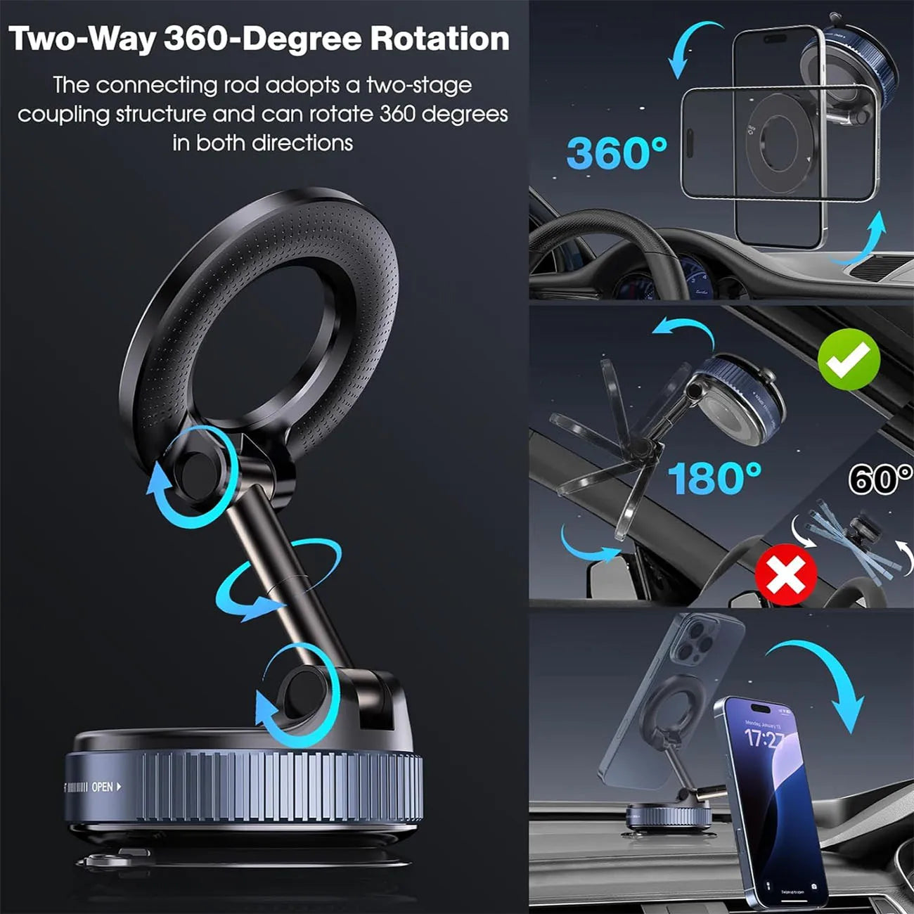 LAQEHA® - حامل هاتف مغناطيسي للمكتب دوران 360° وتثبيت قوي